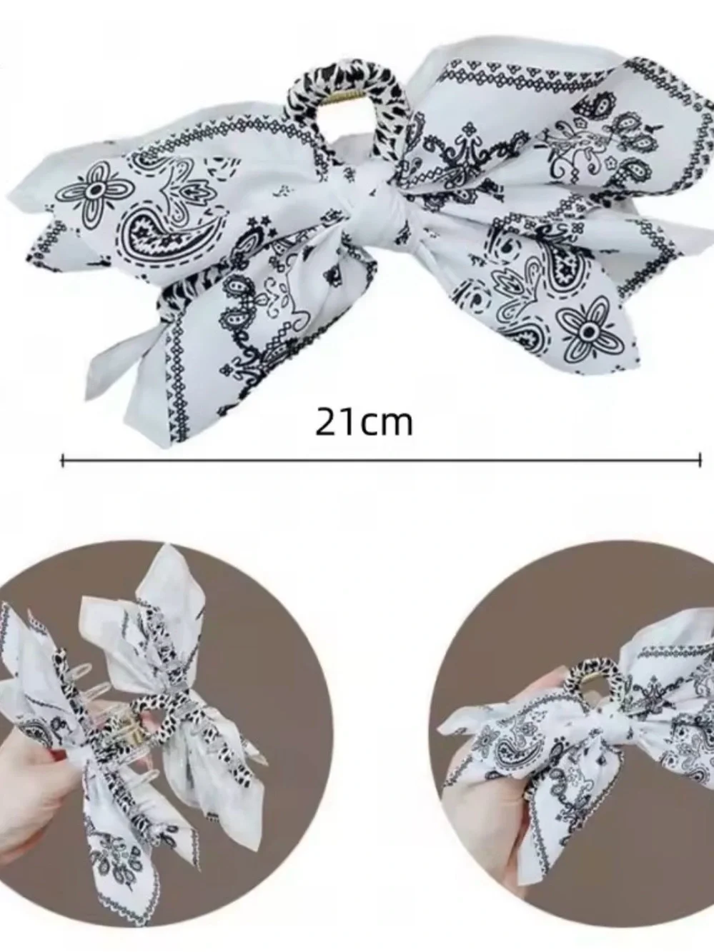 Vintage Elegant Black & White Paisley Bow Hair Scarf